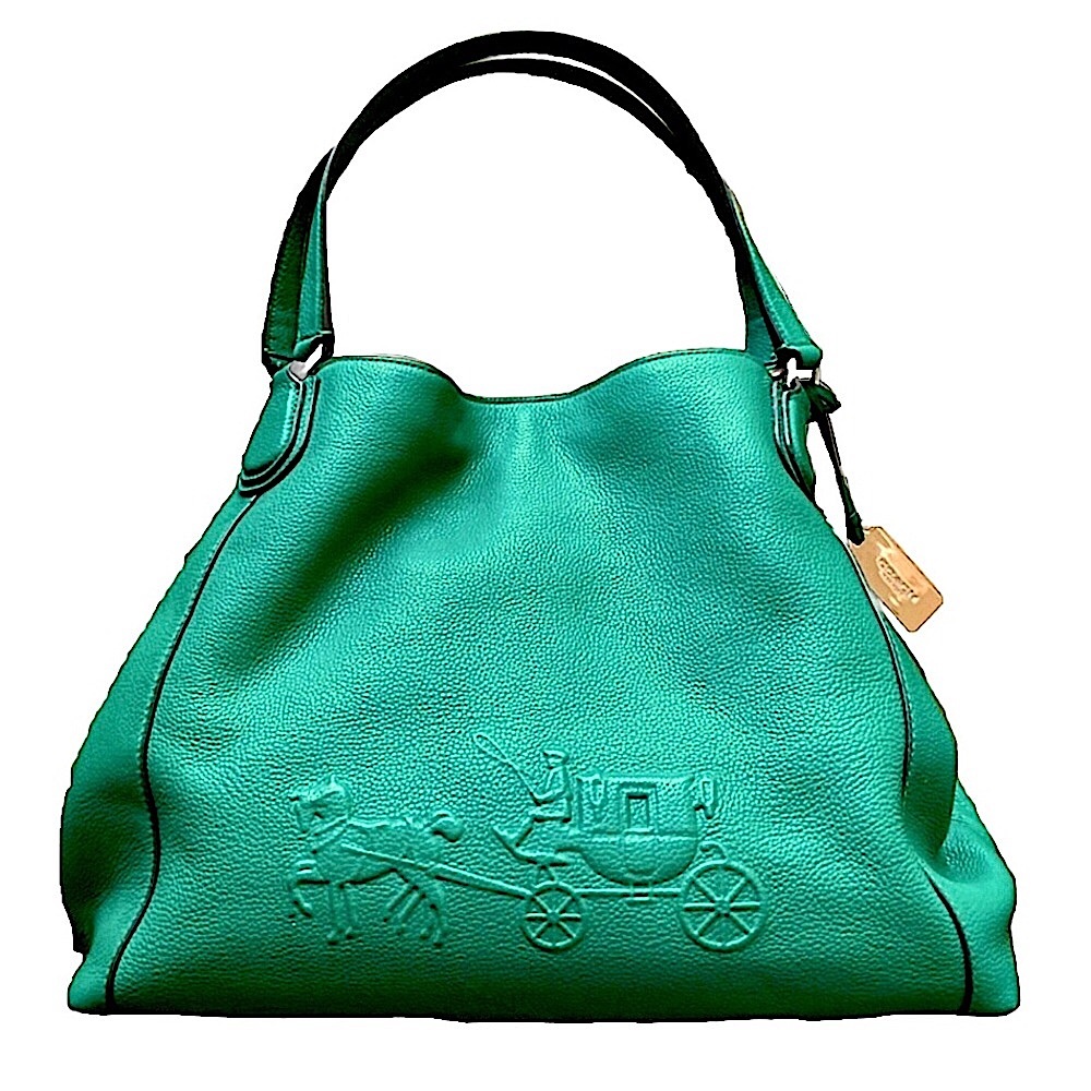COACH Edie Green Leather Horse and Carriage Embossed Three Section Shoulder Bag